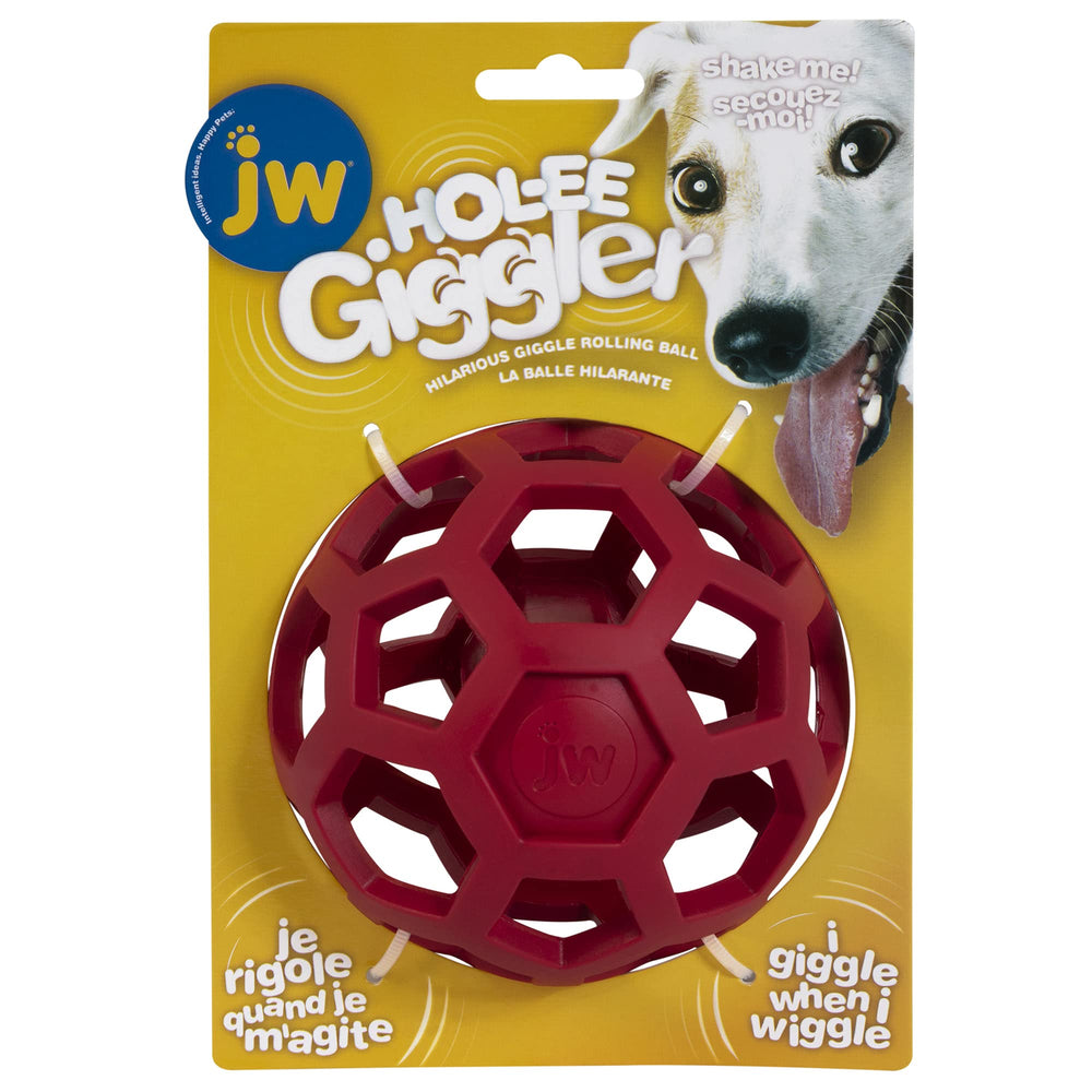 JW Pet Hol-ee Giggler balle-puzzle rouge vue avant, divertissement sans piles