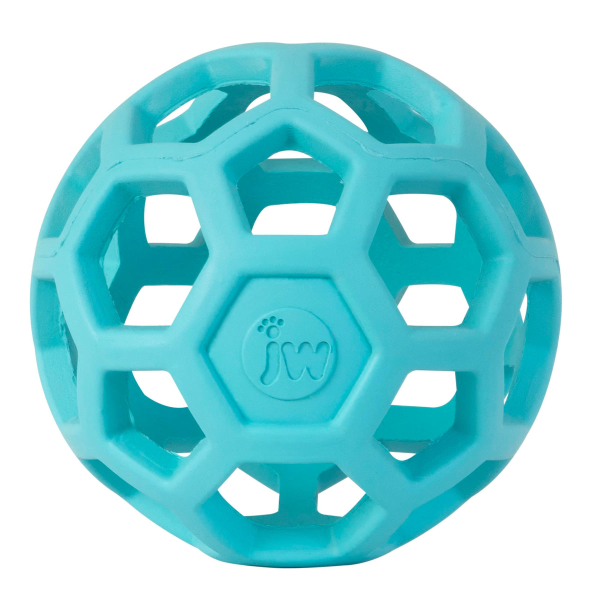 JW Hol-ee Roller : balle-puzzle bleue stimulant la curiosité lors du jeu.