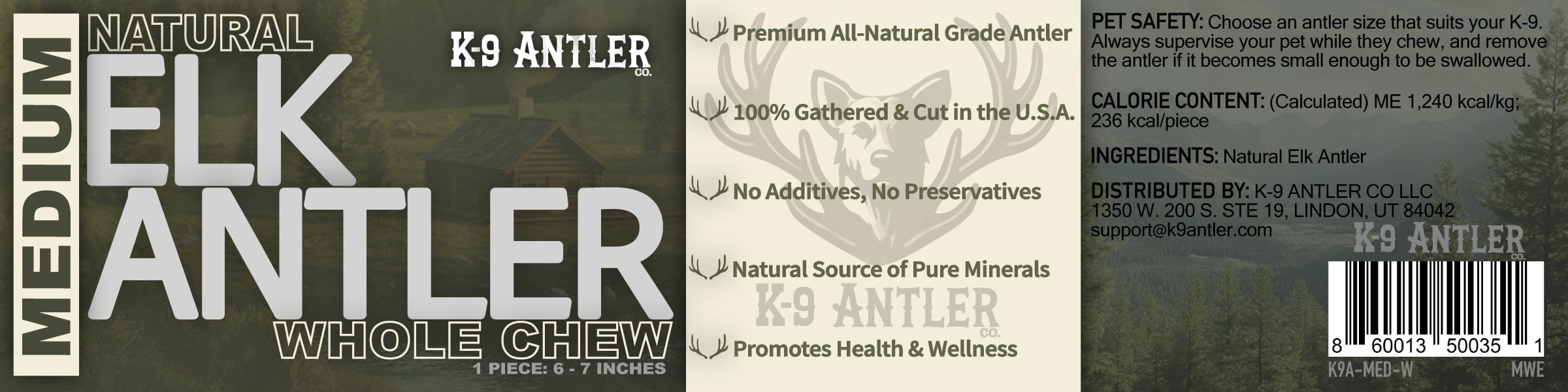 K-9 Antler Co. Cornes d elan entieres, usage supervise recommande pour la securite.
