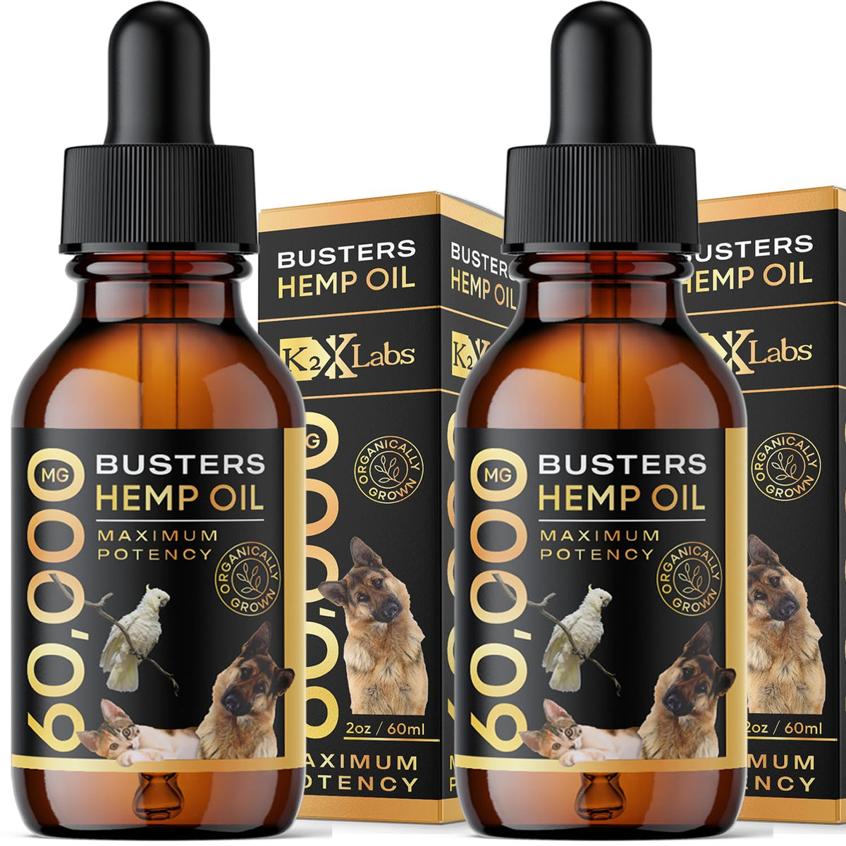 Flacon Buster K2xLabs, huile de chanvre 60 ml, soutien articulations chiens et chats.