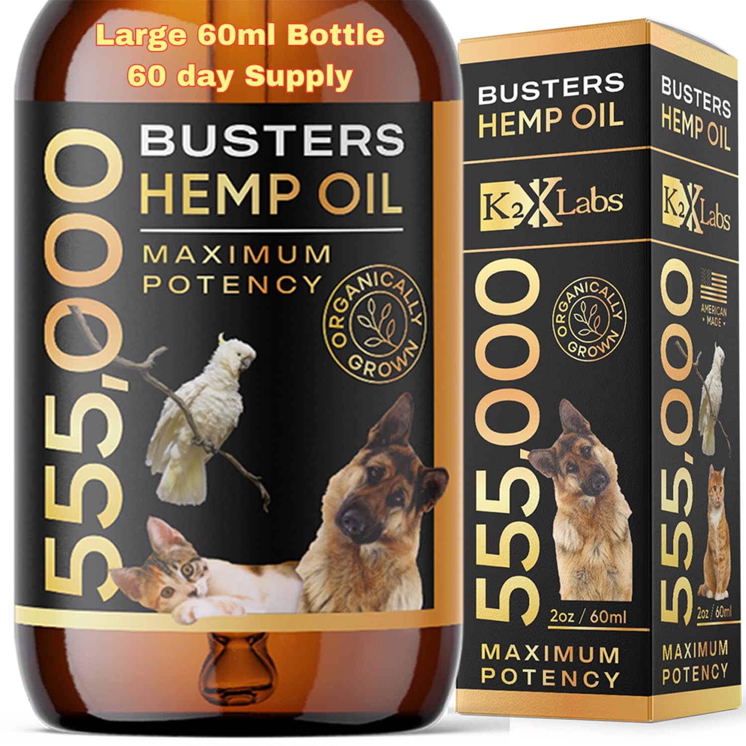 K2xLabs Busters – bouteille 60 ml, huile de chanvre pour chiens et chats – soutien articulations