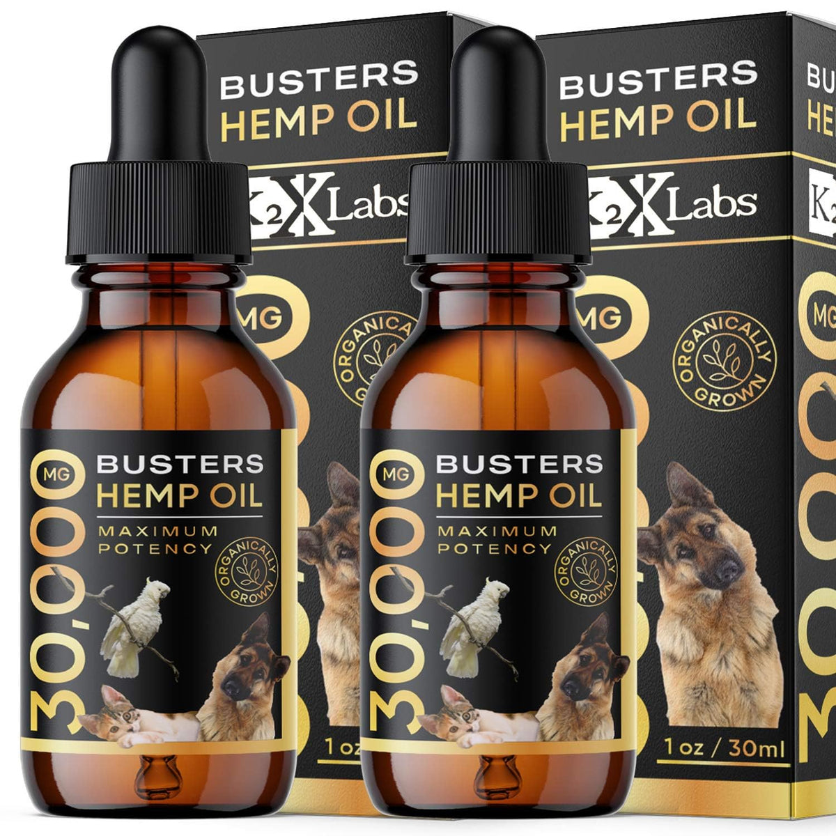 Huile de chanvre Busters par K2xLabs, bouteille pour usage quotidien et routine bien-être.