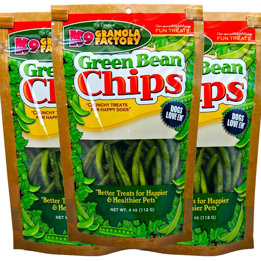K9 Granola Factory Green Bean Chips, chips croustillants d'haricots verts, collation légère en balade.