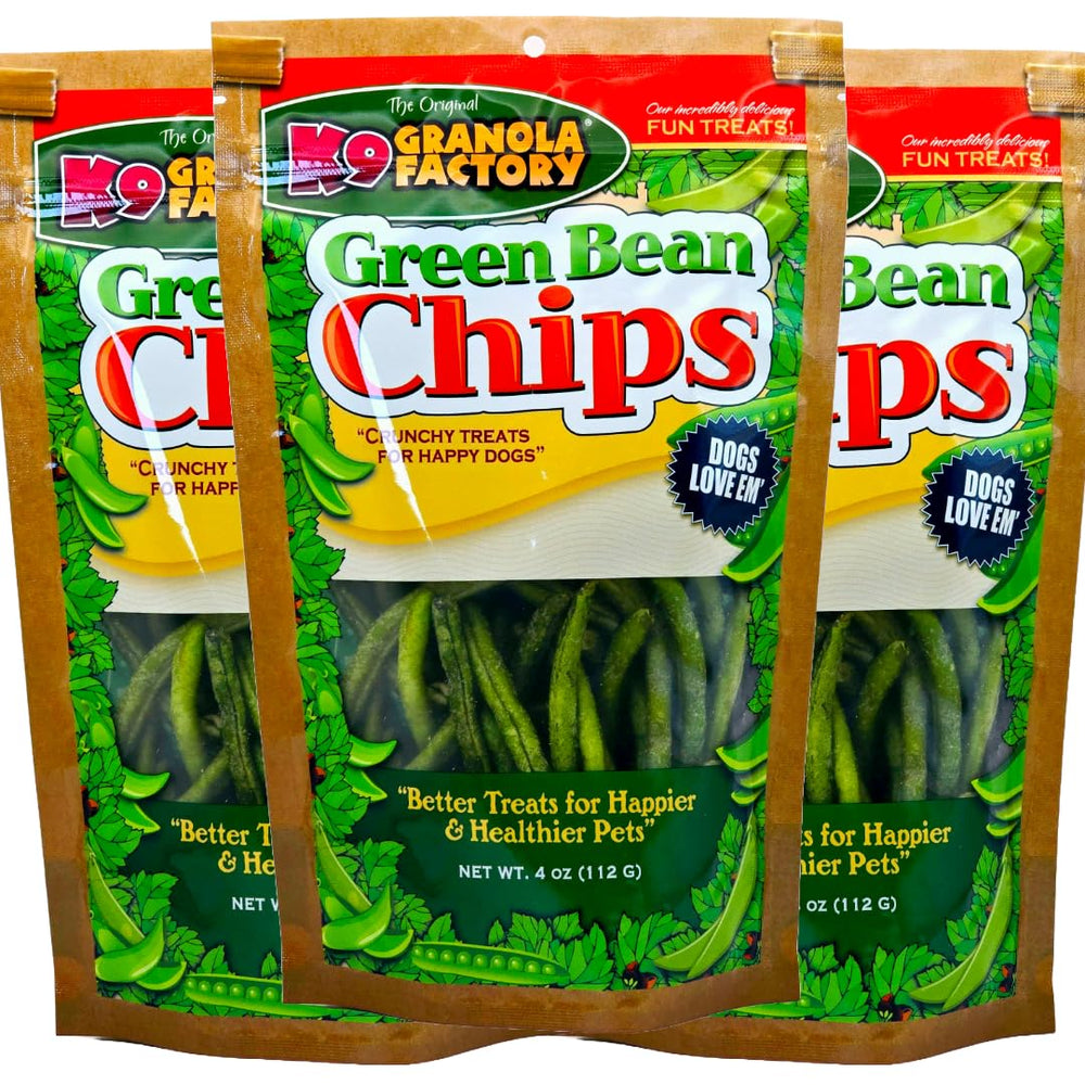 K9 Granola Factory Green Bean Chips, chips croustillants d'haricots verts, collation légère en balade.