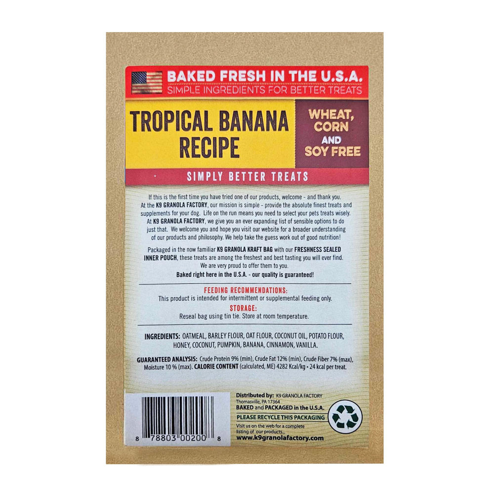 K9 Granola Factory Coconut Tropical Banana Crunchers, texture croquante pour les récompenses.