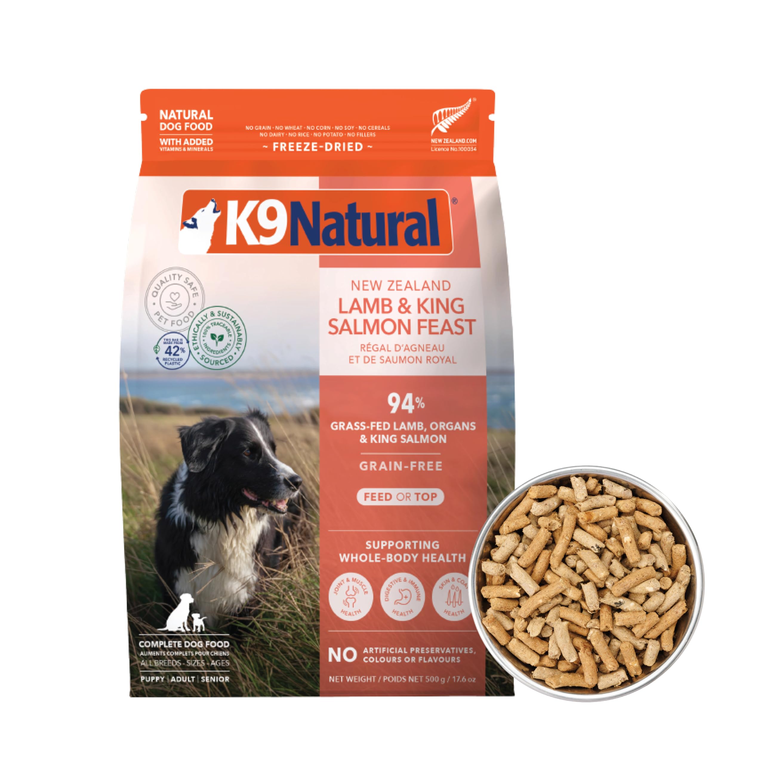 K9 Natural agneau et saumon lyophilisés — emballage pratique et refermable.
