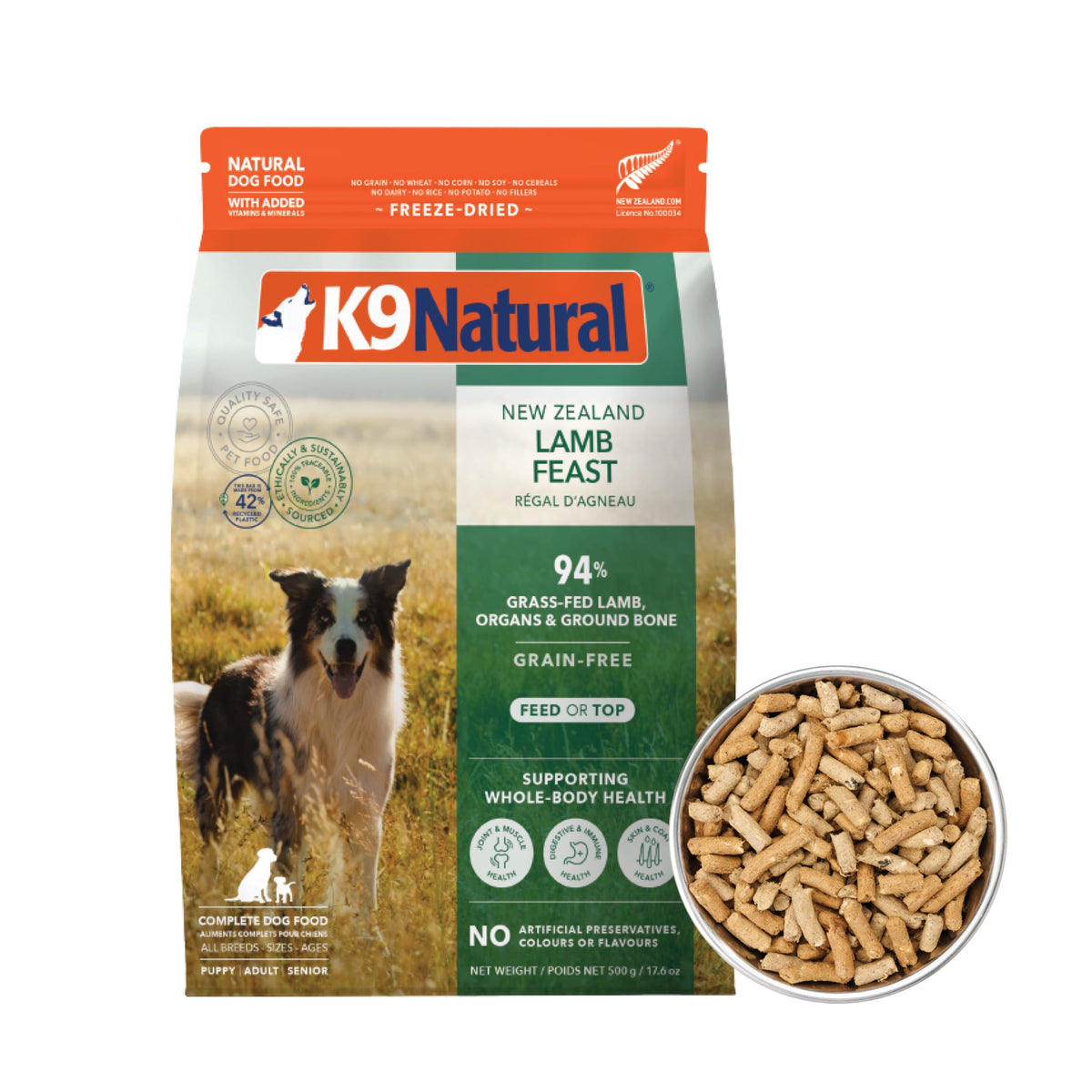 K9 Natural agneau séché – sac refermable et repas riche en protéines pour chiens actifs.