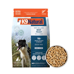 K9 Natural Boeuf lyophilisé, alimentation chien riche en protéines et énergie naturelle.