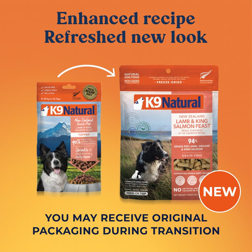 K9 Natural ingrédients-reels agneau et saumon, démontrant qualité et fraîcheur.