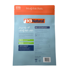 Étiquette claire K9 Natural montrant les ingrédients.