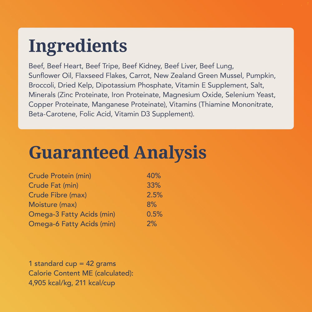 K9 Natural origine Nouvelle-Zélande, boeuf éthique et traçable jusqu’au sac.