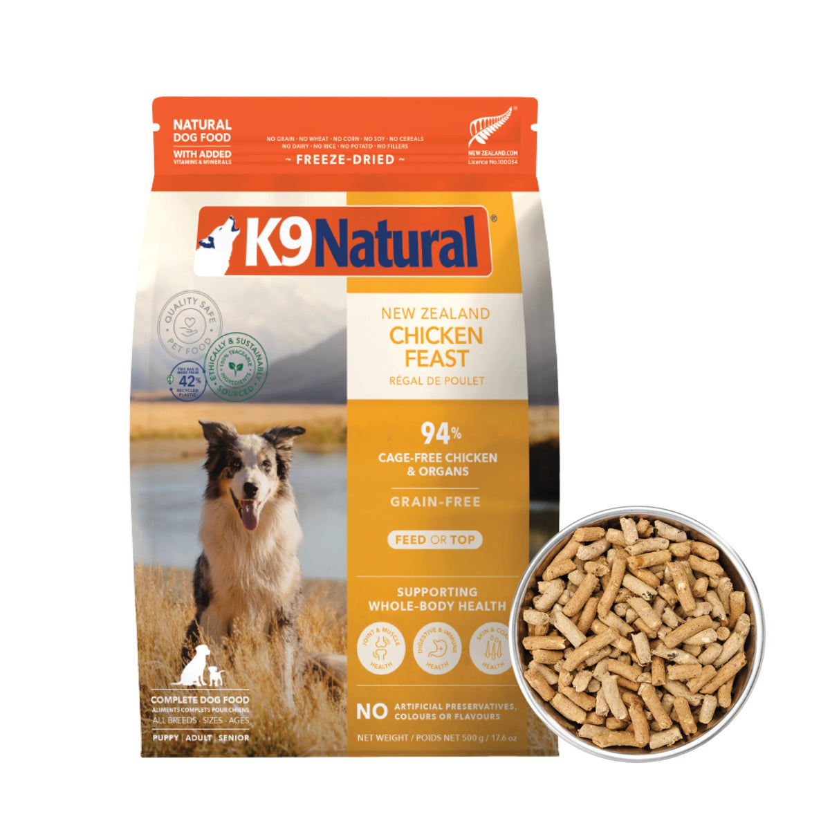 K9 Natural Poulet Lyophilisé dans bol, alimentation pratique et complète pour chien.