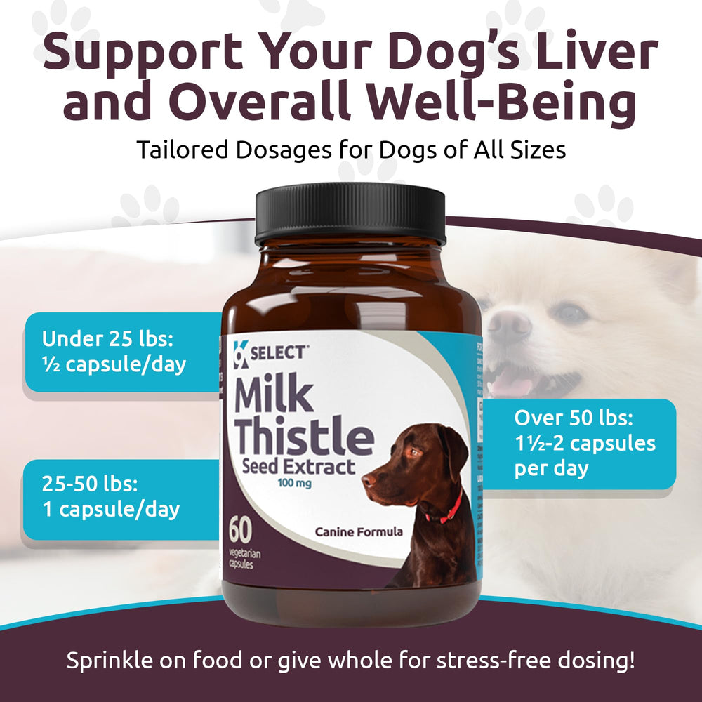 K9 Select chardon-marie capsules 100 mg: dosage pratique pour le foie canin.