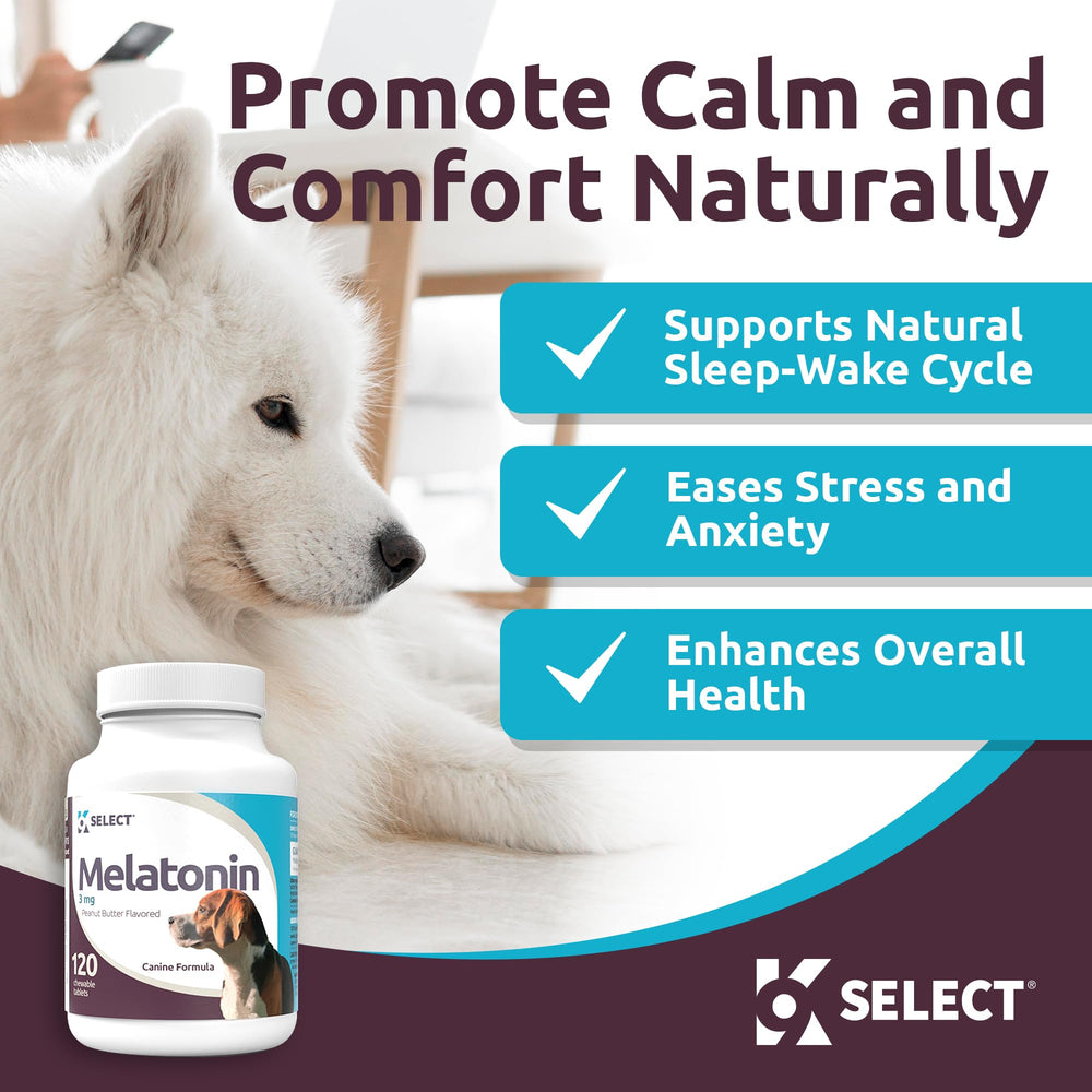 K9 Select Mélatonine : tablettes 3 mg, dosage pratique pour chiens de taille moyenne.