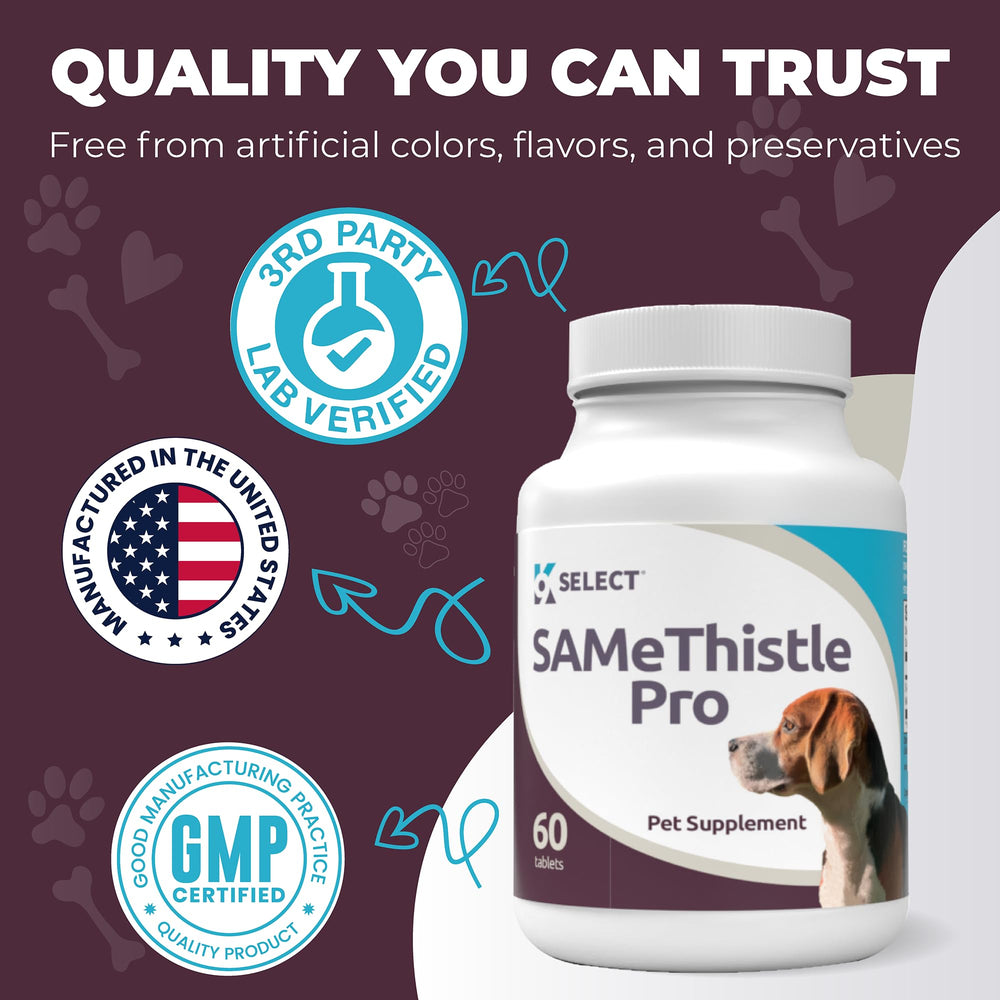 K9 Select SAMeThistle Pro – Tablettes en vue rapprochée, dosage pratique.