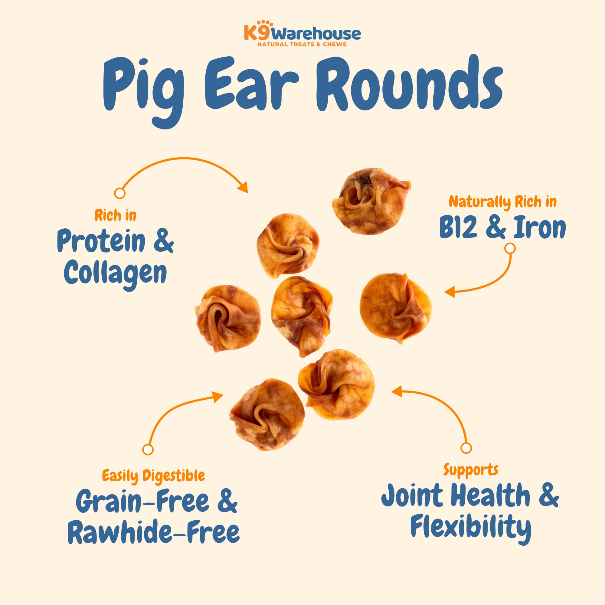 K9warehouse oreilles de porc rondes – adaptées à toutes les tailles de chiens