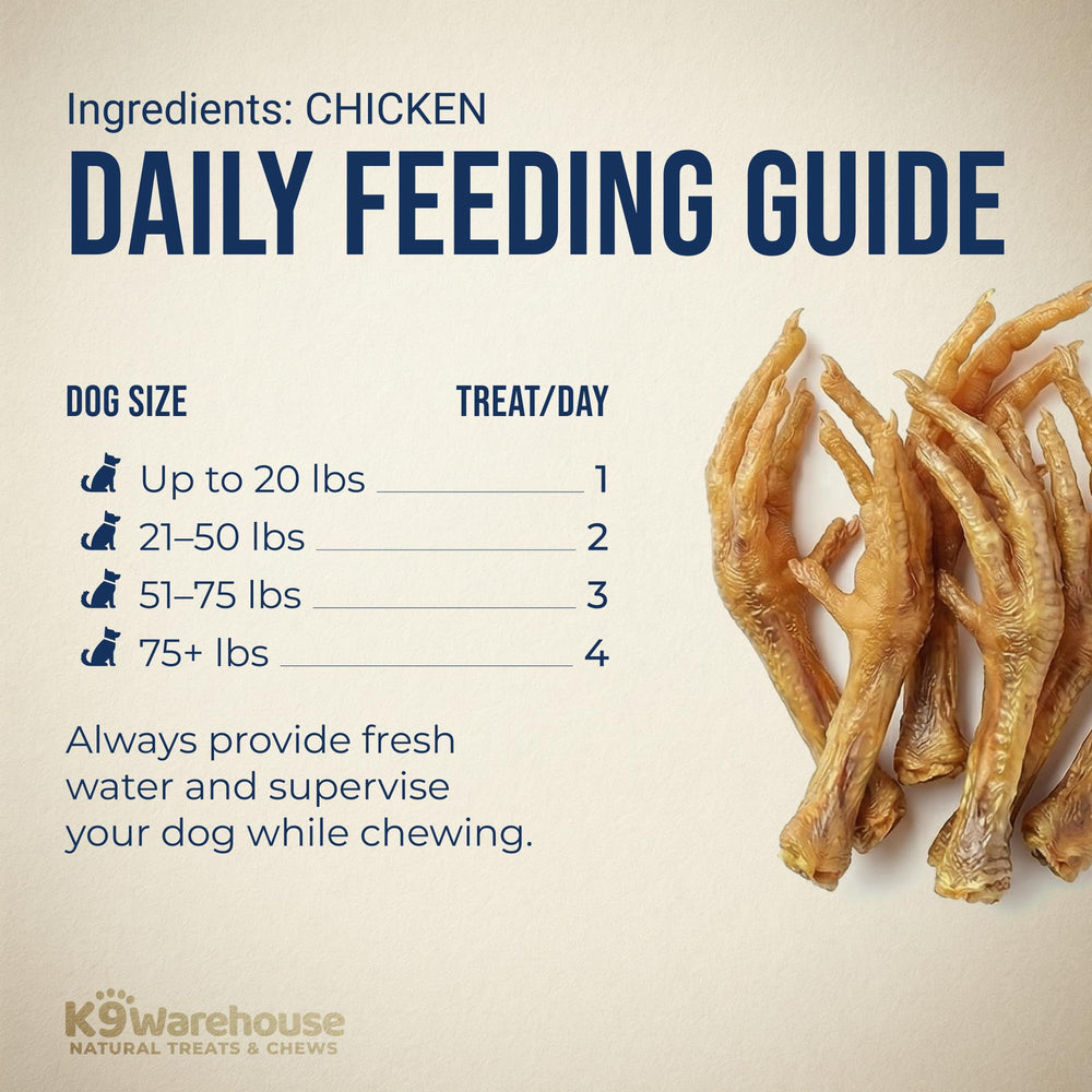 Emballage pratique K9warehouse, pattes de poulet faciles à donner en déplacement.