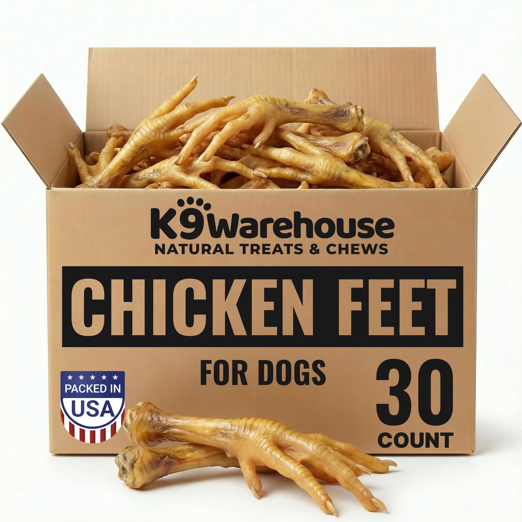 Friandises K9warehouse: pattes de poulet pour chien, croquantes et naturelles.