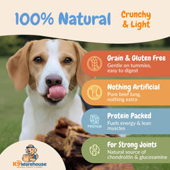 Friandises protéinées K9warehouse: poumon de boeuf pour muscles et vitalité.