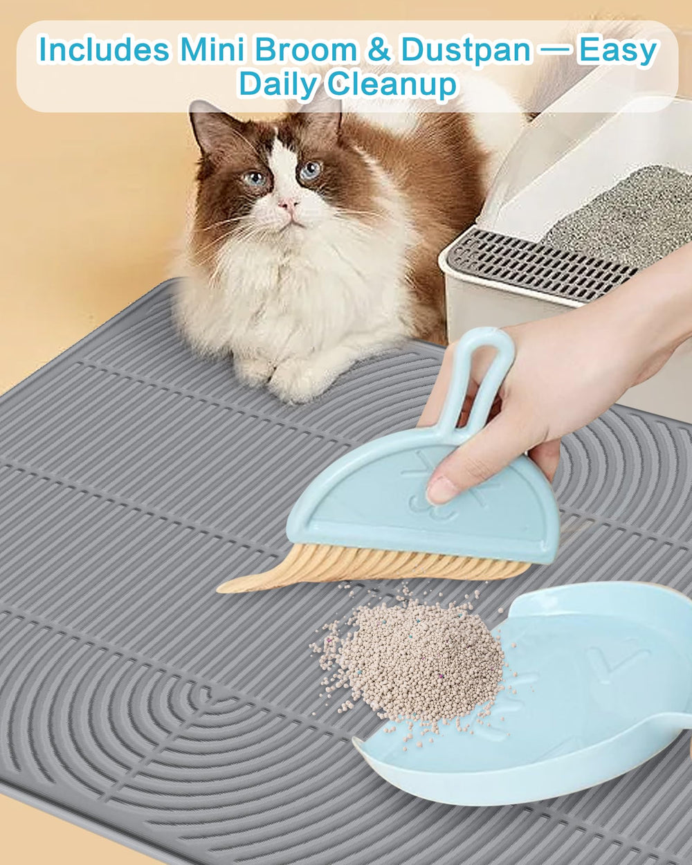 Kabeyoe Tapis Litiere Silicone XL, mini balai et pelle fournis.