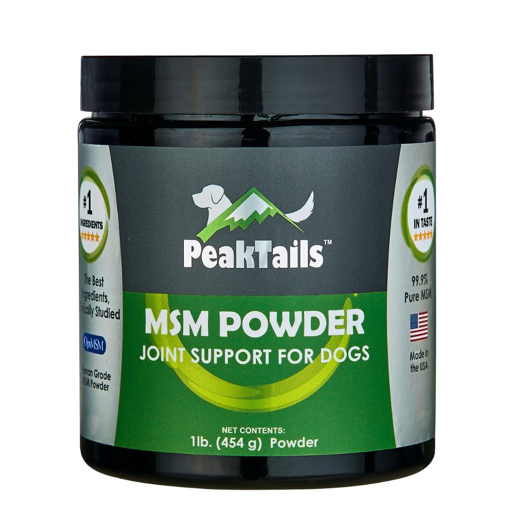 Poudre MSM PeakTails en bouteille de KALA HEALTH, soutien potentiel mobilité canine.