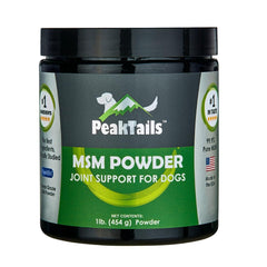 Poudre MSM PeakTails en bouteille de KALA HEALTH, soutien potentiel mobilité canine.