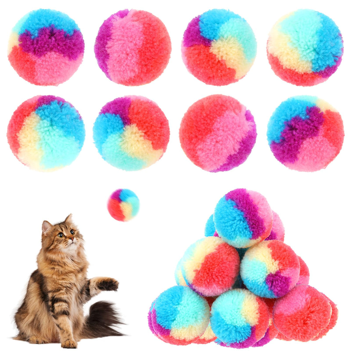 Balles Kalione peluche arc-en-ciel, 3 cm, parfaites pour le jeu du chat.