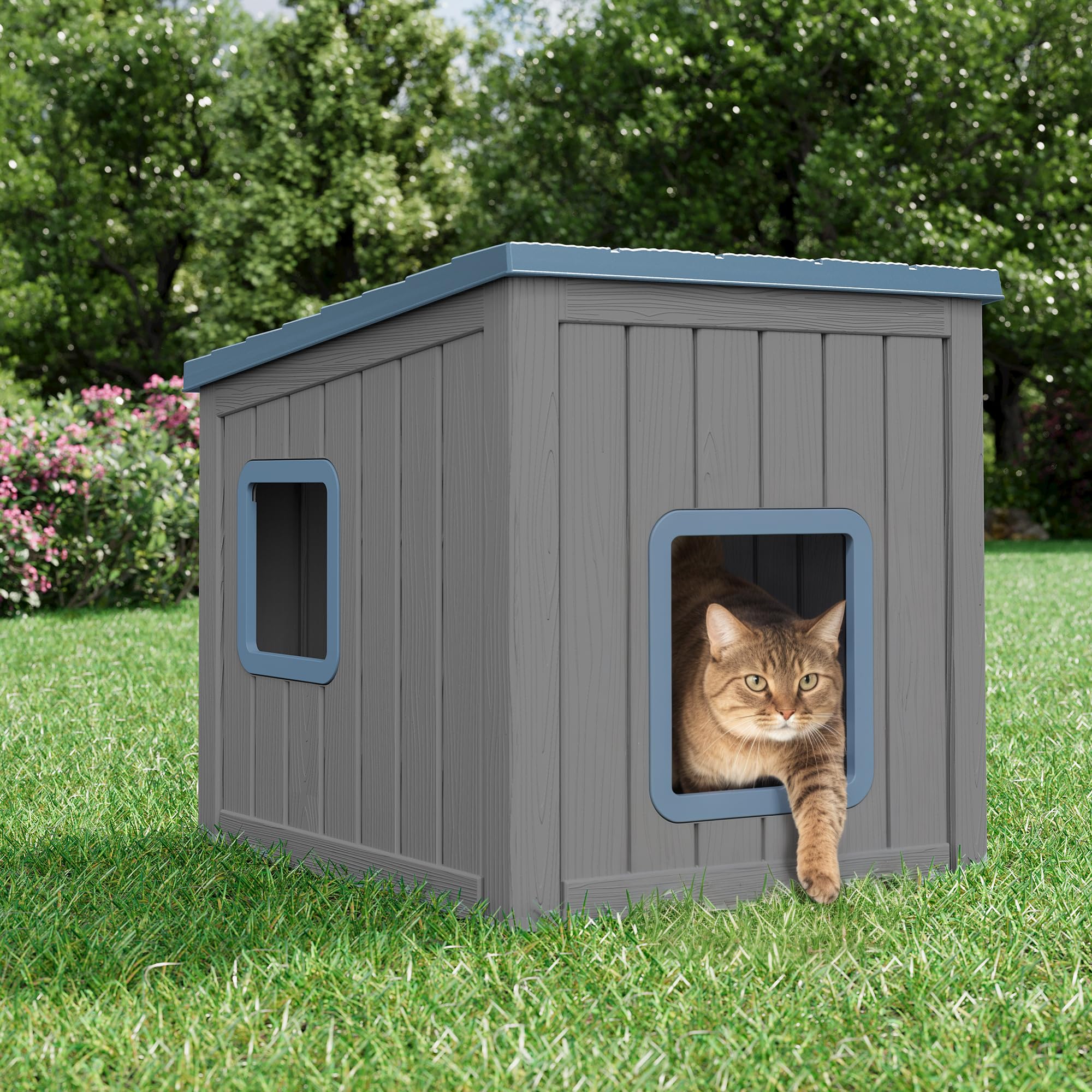 Kamaboko abri chats bleu, base plate impermeable facile a nettoyer.