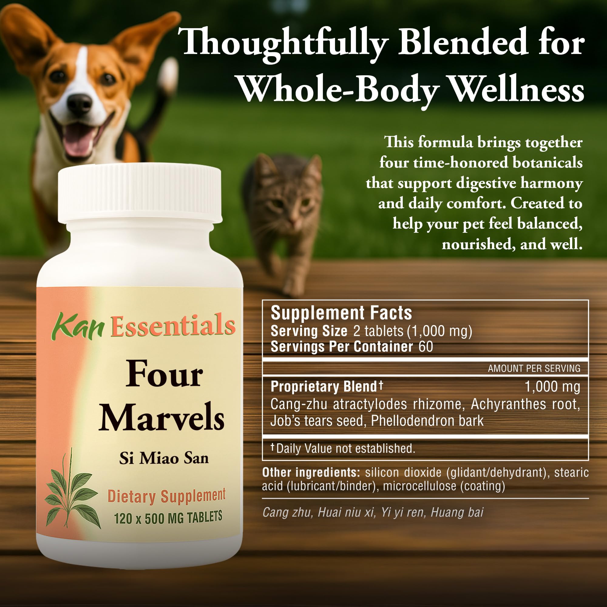 Kan Herb Four Marvels: mise en avant du soutien digestif potentiel chez l’animal.