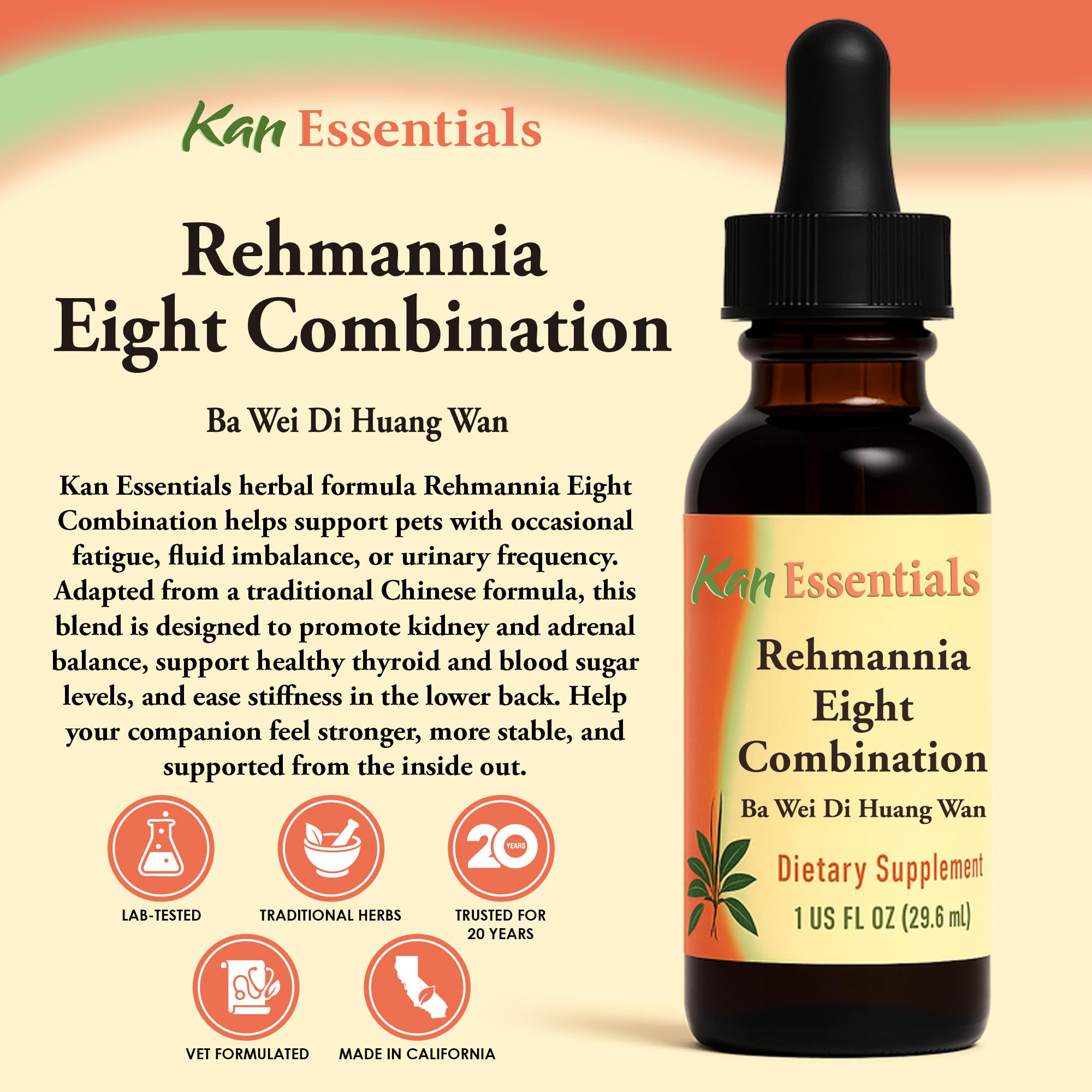 Kan Herb Rehmannia Eight gouttes avec pipette doseuse, dosage facile pour chiens et chats.