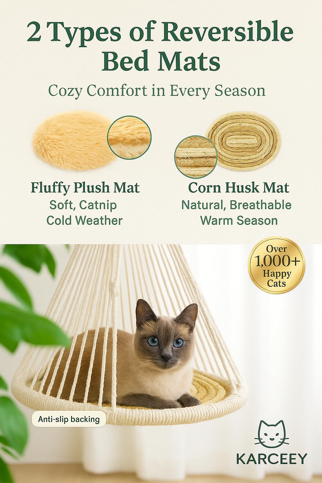 KARCEEY Macramé Chat Hammock – entrée basse adaptée, accessible pour les chats âgés.
