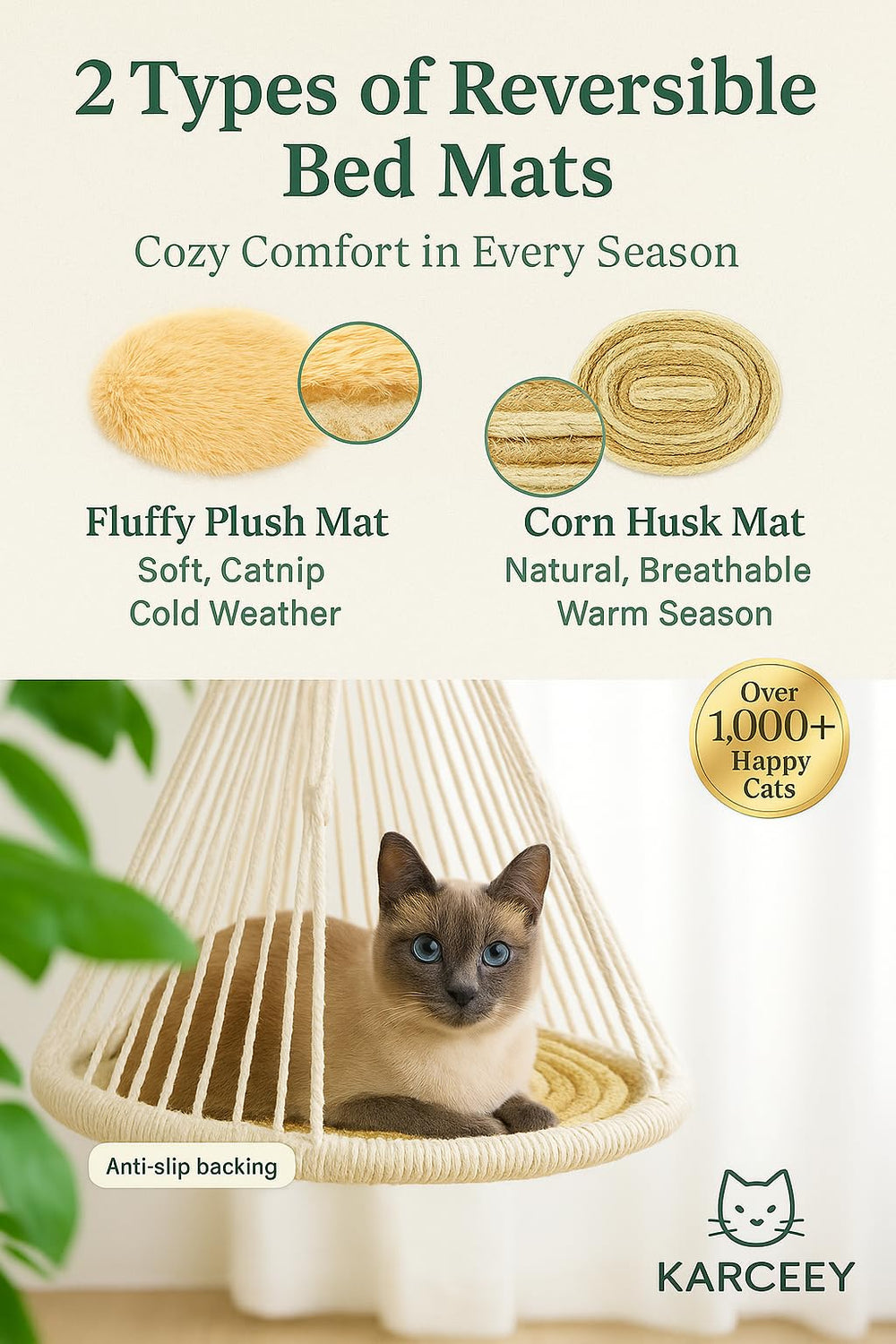 KARCEEY Macramé Chat Hammock – entrée basse adaptée, accessible pour les chats âgés.
