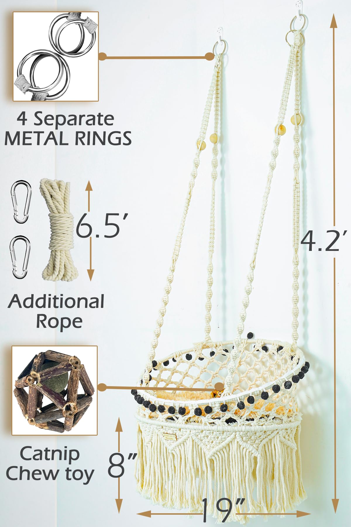 KARCEEY Macramé Chat Hammock – kit de 11 pièces inclus pour installation sans détour.