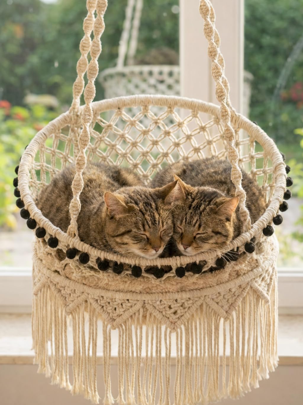 KARCEEY Macramé Chat Hammock – vue générale, zone de repos sûre et design bohème pour chat.