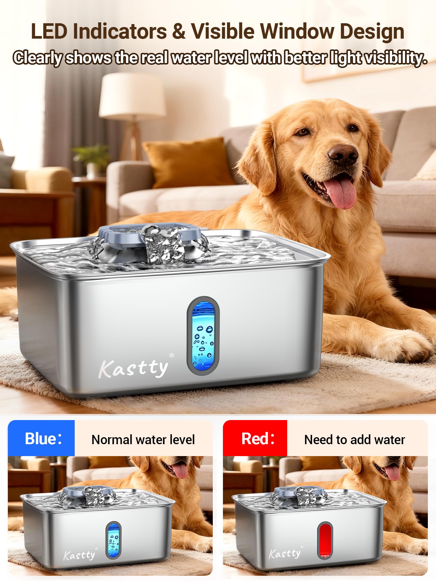 Kastty fontaine eau chien fenetre niveau et lumieres LED visibles nuit