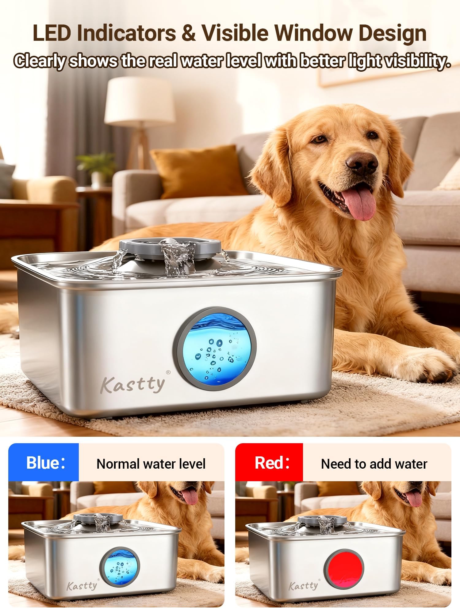 Kastty fontaine-eau-chien-fenetre-visuelle: fenêtre visuelle pour surveiller le niveau d'eau.