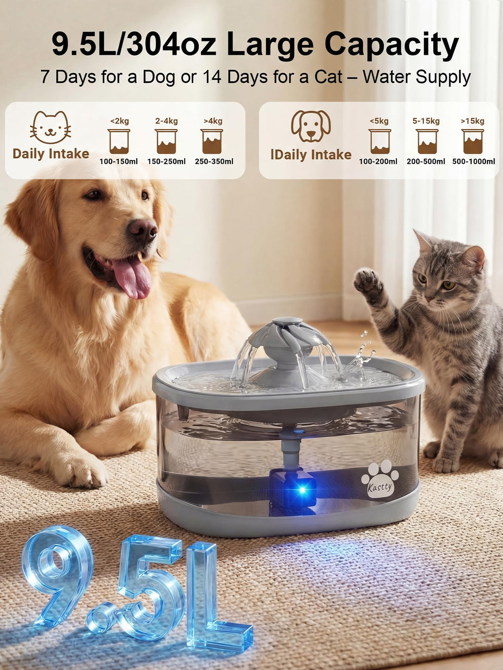 Kastty fontaine d'eau chien 9,5L grande capacité pour chiens actifs.