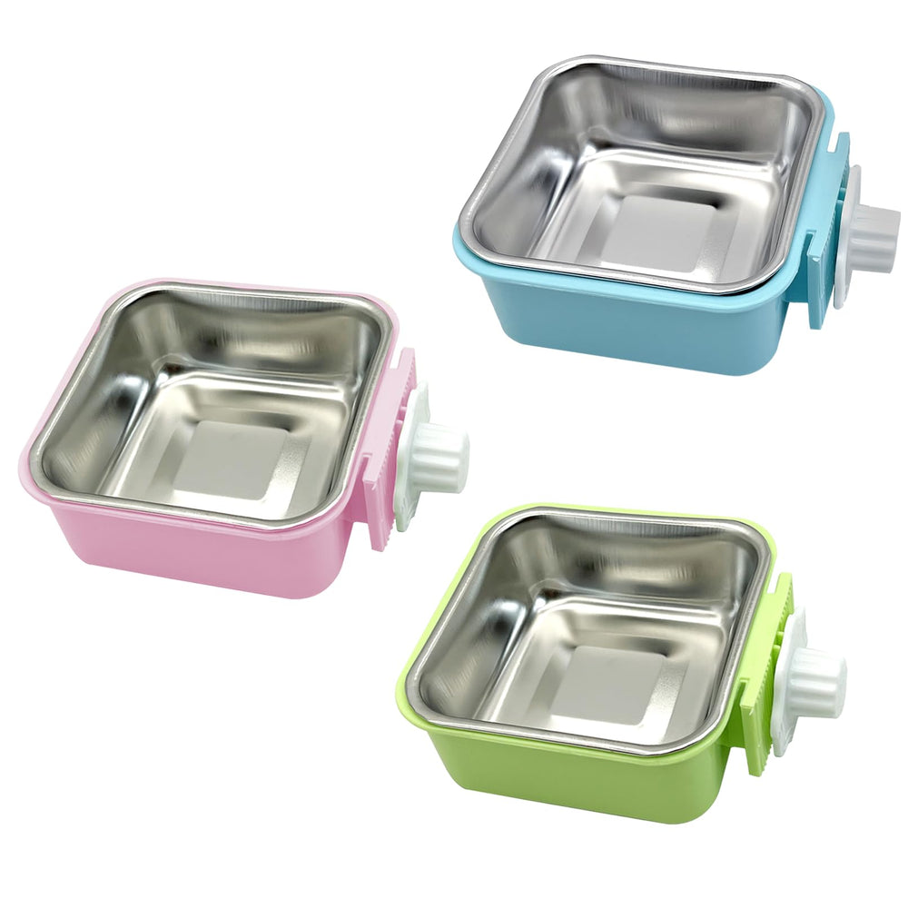 Bol Kathson amovible en inox bleu sur cage, idéal pour nourriture et eau.