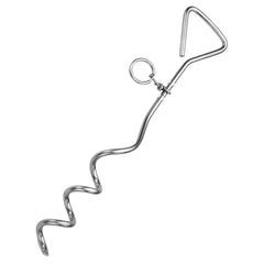 Katzco Pieu-attache-chien 16po en chrome, robuste pour le jardin et les sorties.