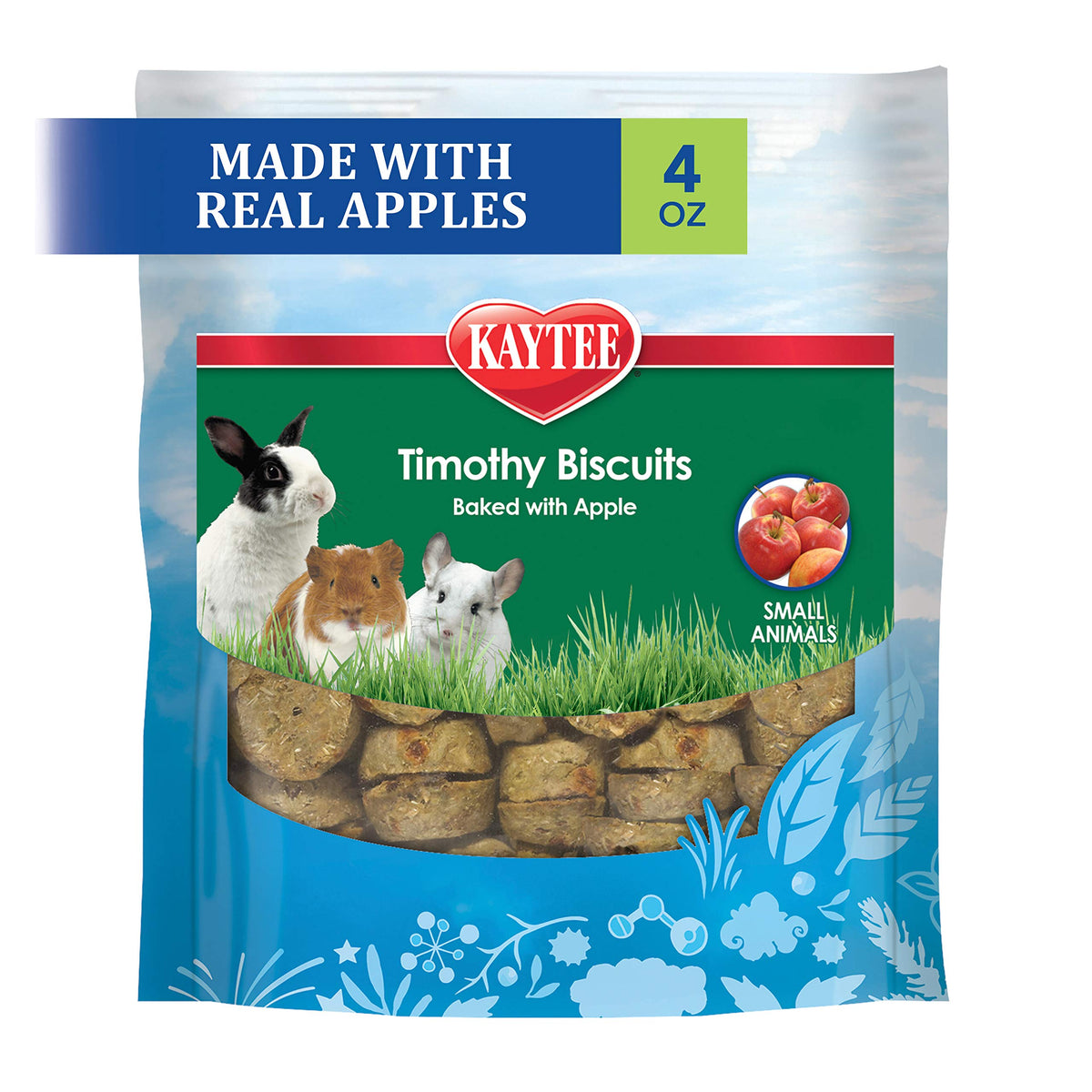 Biscuits Kaytee Timothy pomme en emballage, snack sain pour petits animaux.