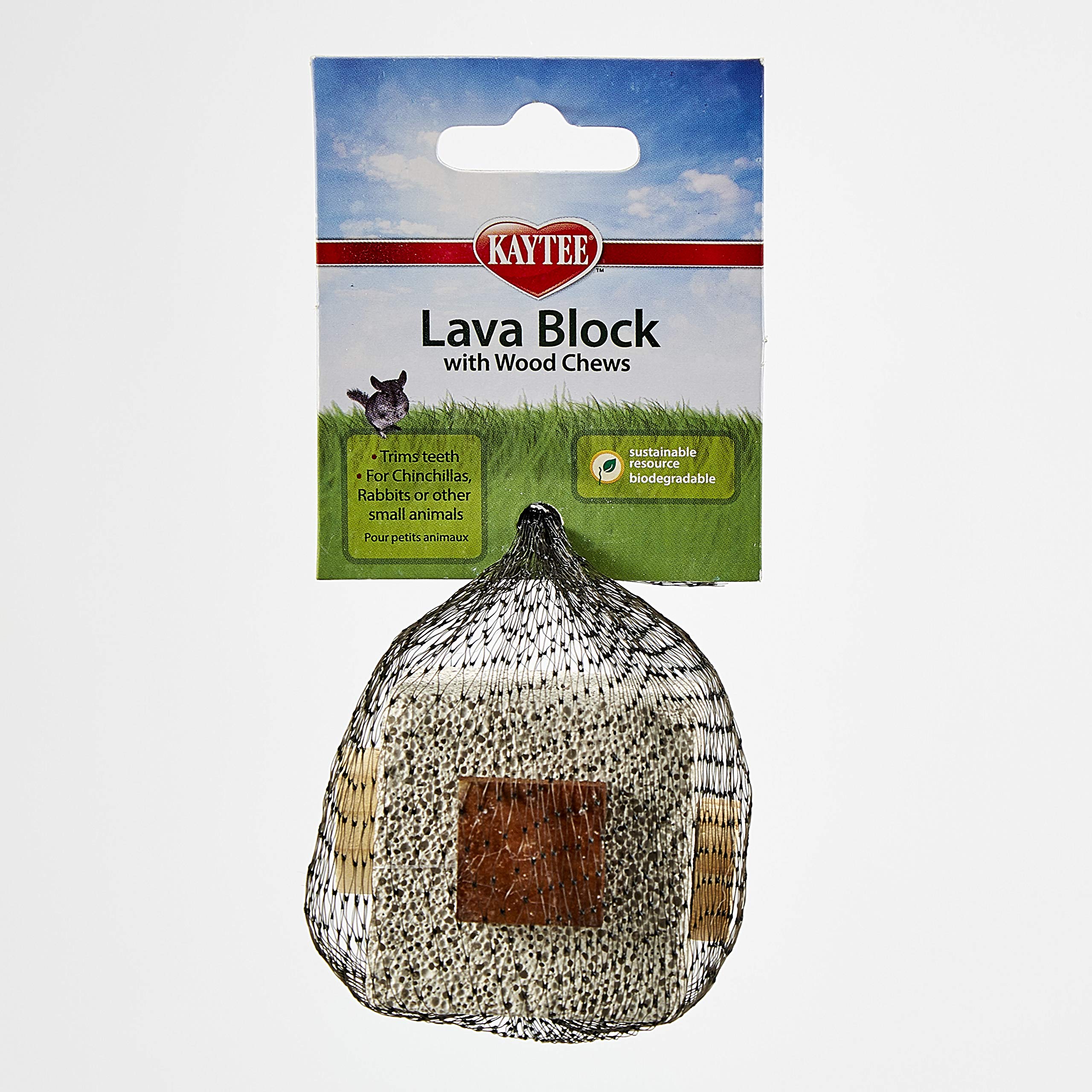 Kaytee bloc lave avec morceaux de bois, idéal pour mâcher et occuper les petits animaux.