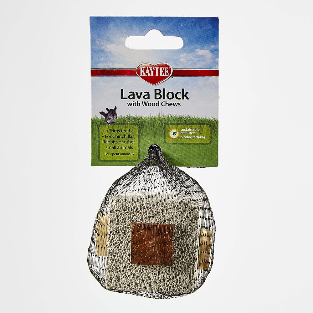 Kaytee bloc lave avec morceaux de bois, idéal pour mâcher et occuper les petits animaux.