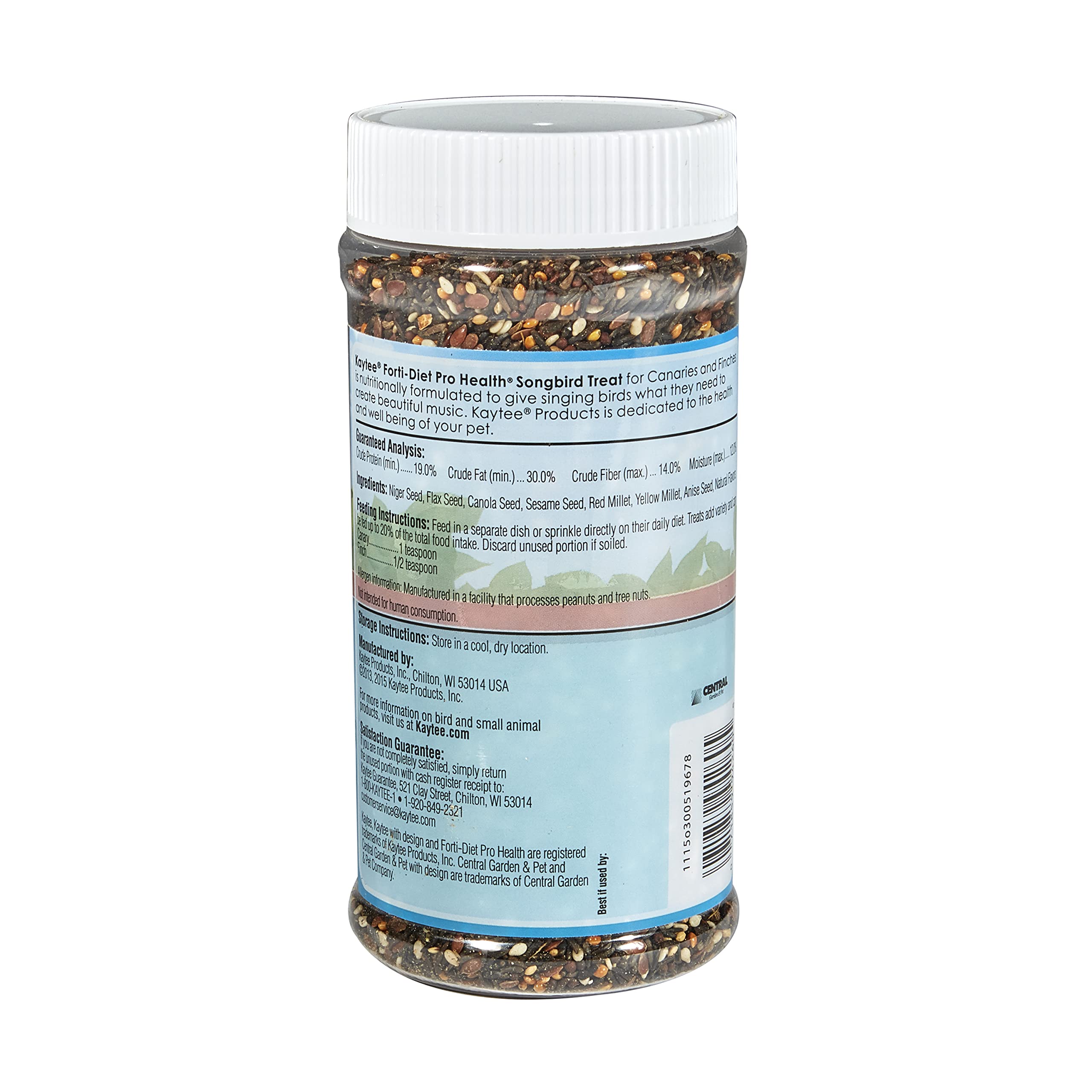 Kaytee bocal friandises pour canaris et pinsons, contenu attrayant et nutritif.