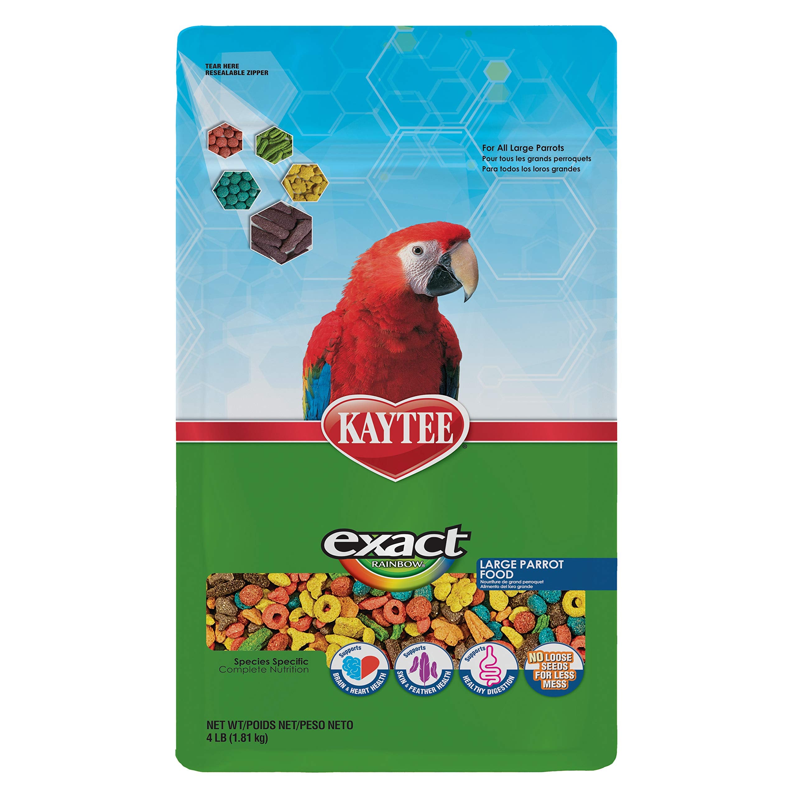 Kaytee Exact Arc-en-Ciel emballage présentant une alimentation premium pour grands perroquets.