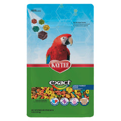 Kaytee Exact Arc-en-Ciel emballage présentant une alimentation premium pour grands perroquets.