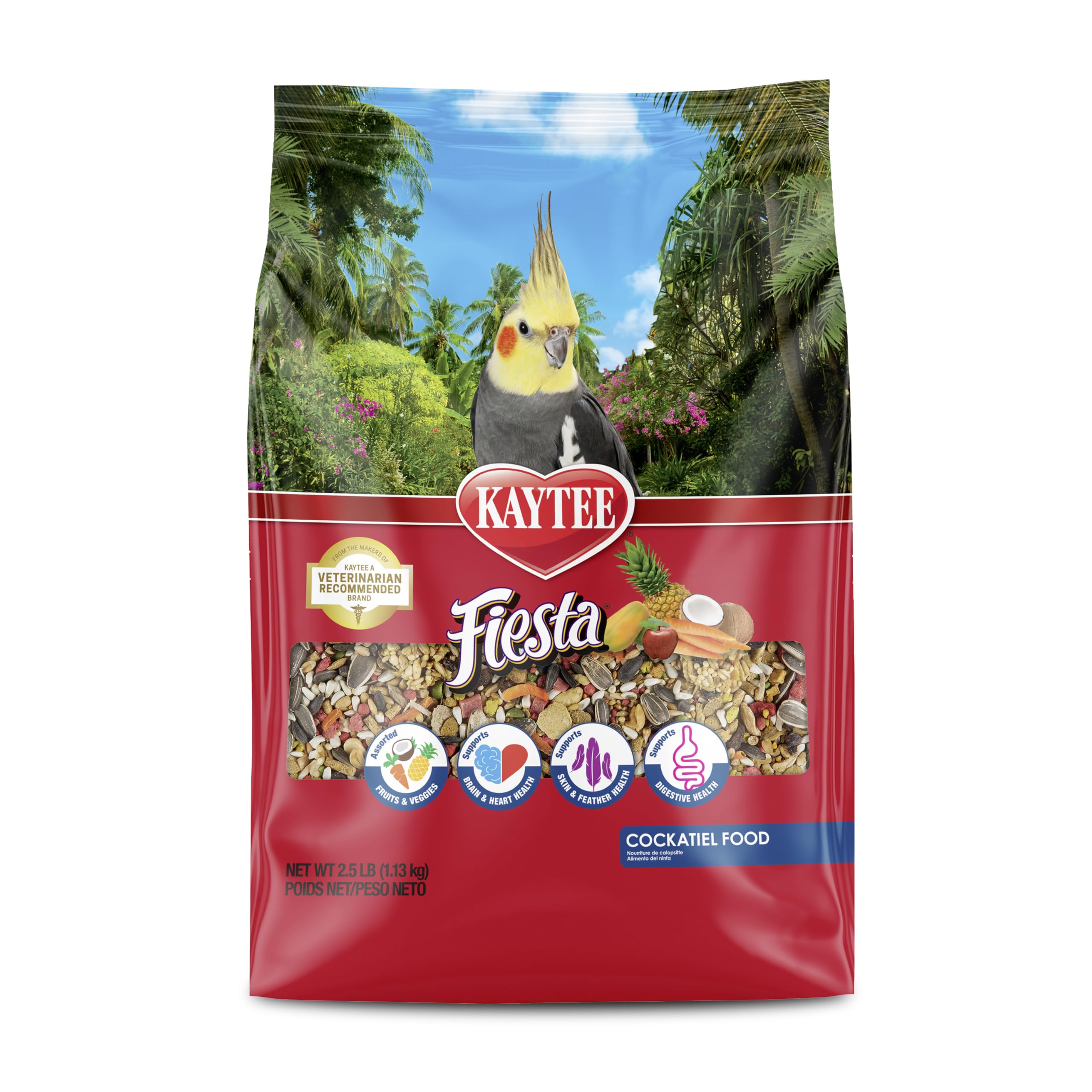 Kaytee Fiesta montre une variété d'ingrédients attrayants pour calopsitte.