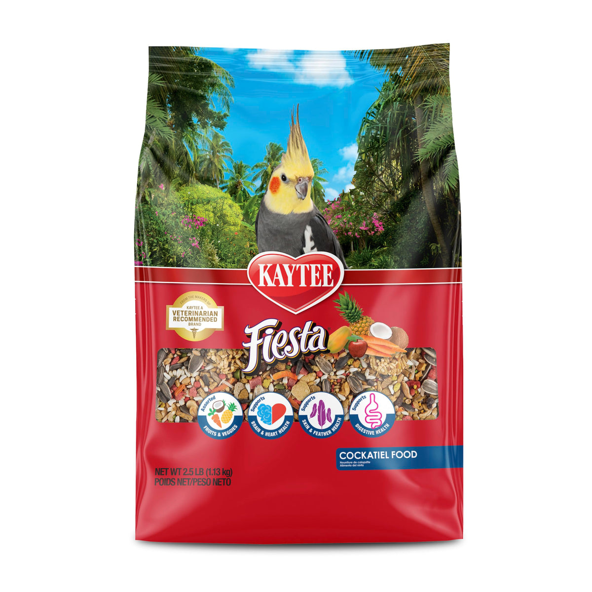 Kaytee Fiesta montre une variété d'ingrédients attrayants pour calopsitte.
