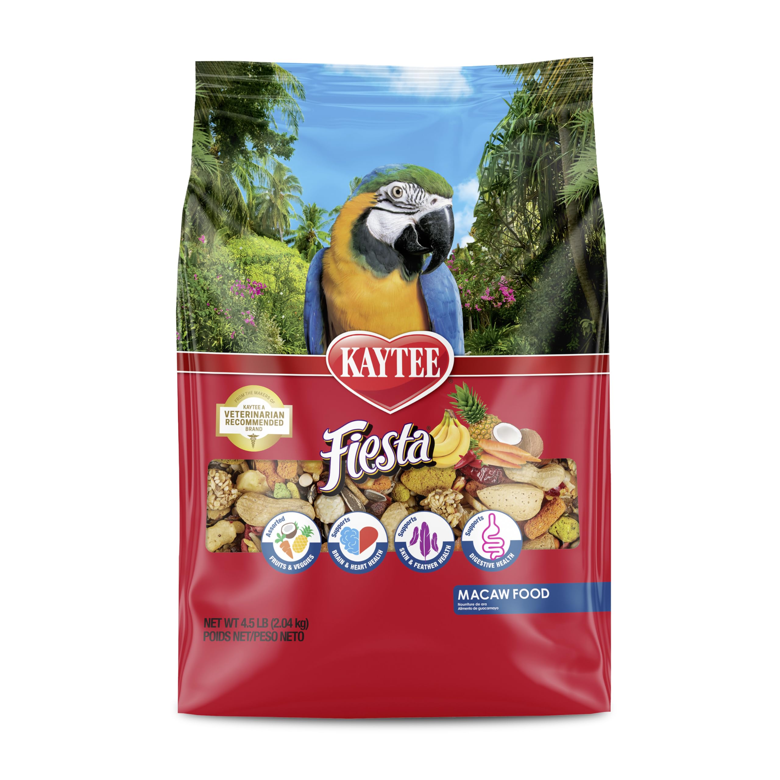 Kaytee Fiesta sur assiette, aliments pour ara macao, présentation appétissante et équilibrée.