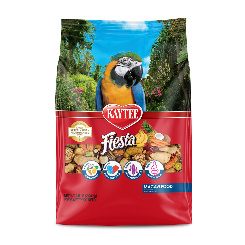 Kaytee Fiesta sur assiette, aliments pour ara macao, présentation appétissante et équilibrée.