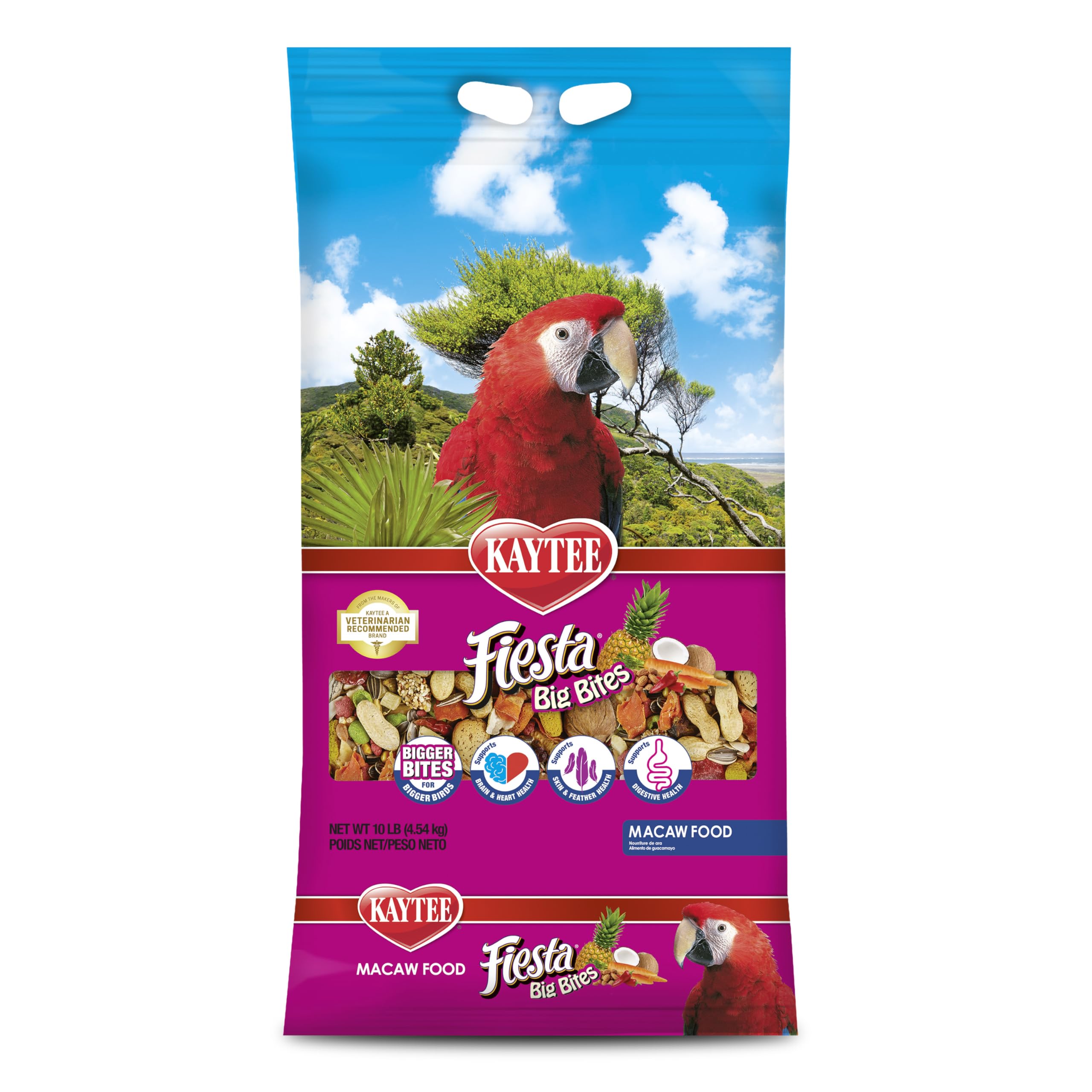 Kaytee Fiesta Big Bites Macaw Food emballage visible et pratique pour une alimentation sûre